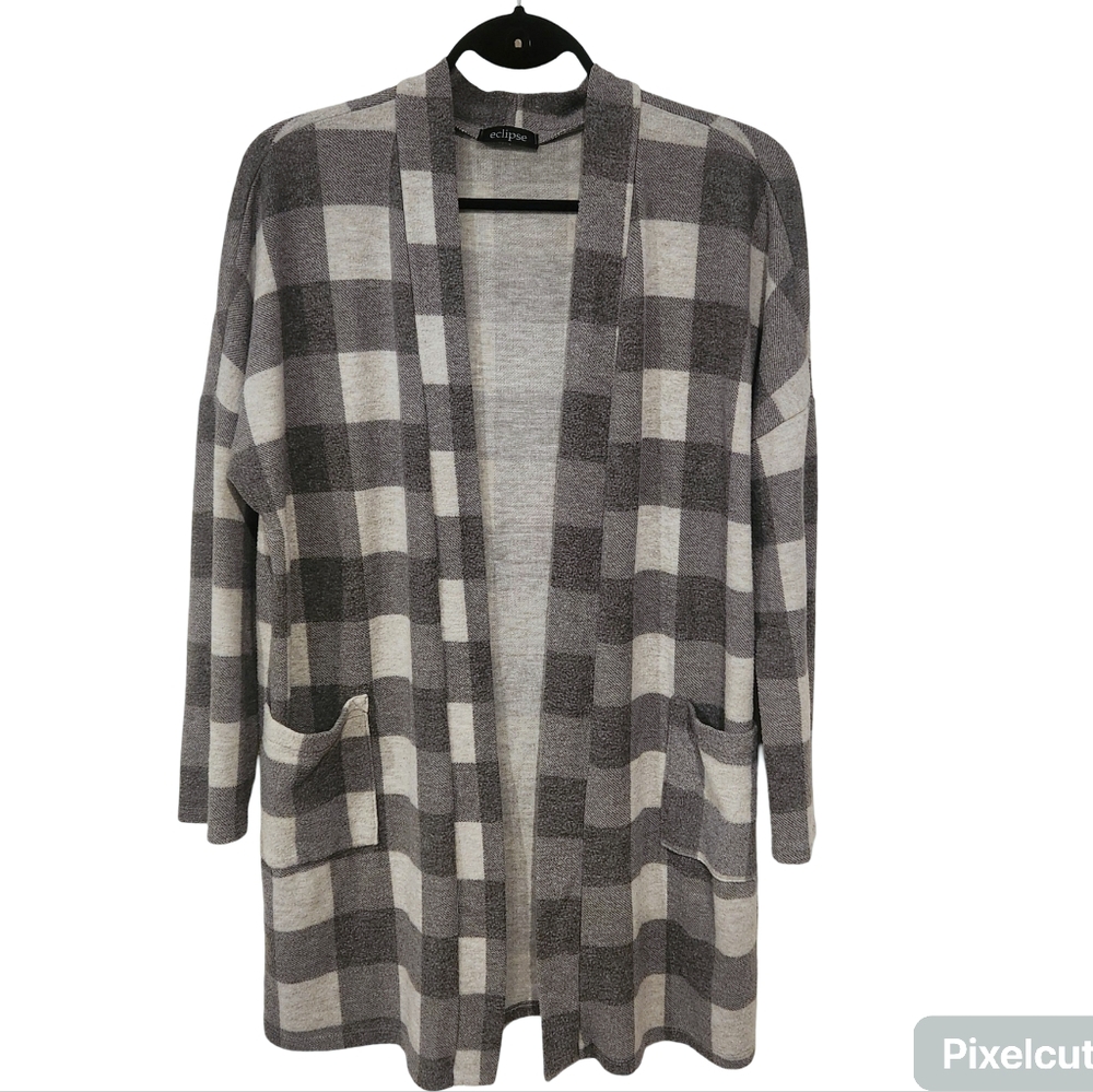 Grey Plaid Cardigan with Pockets